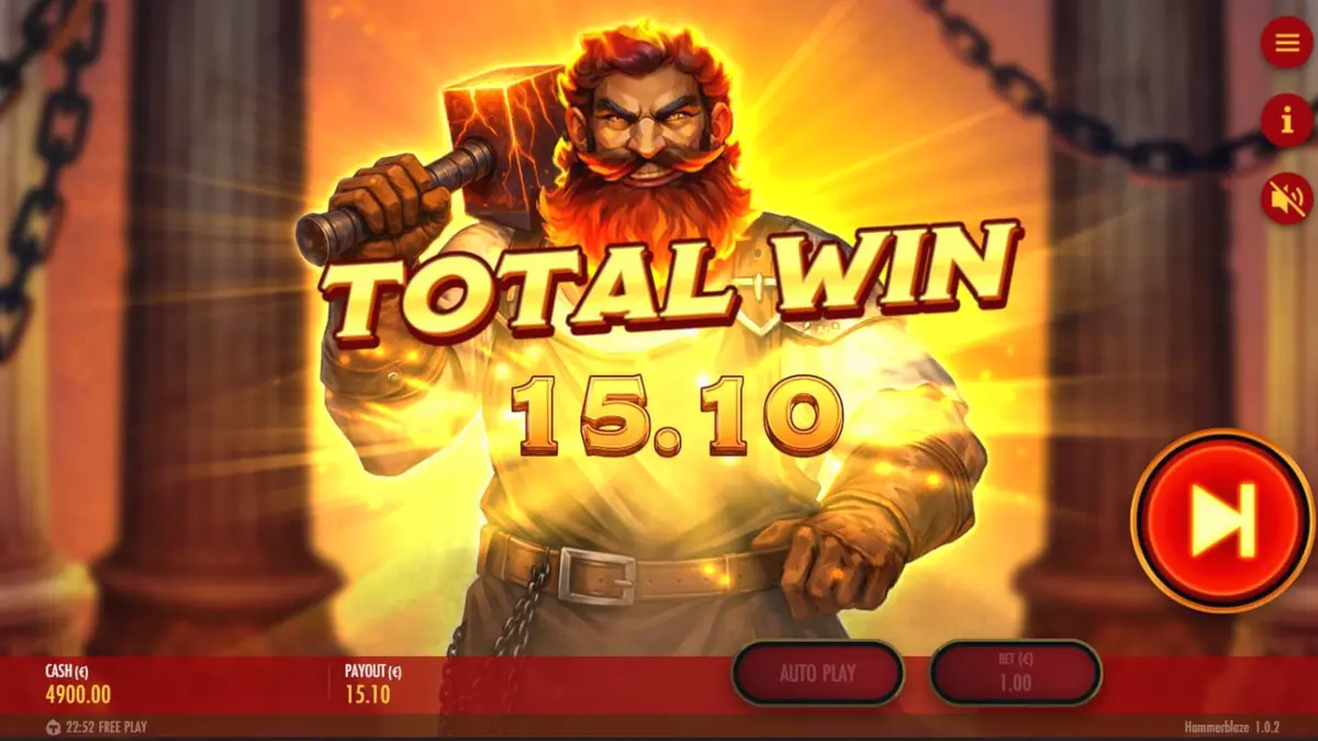 Tampilan visual slot Hammerblaze dengan latar belakang bengkel dewa Yunani dan grid 7x7.