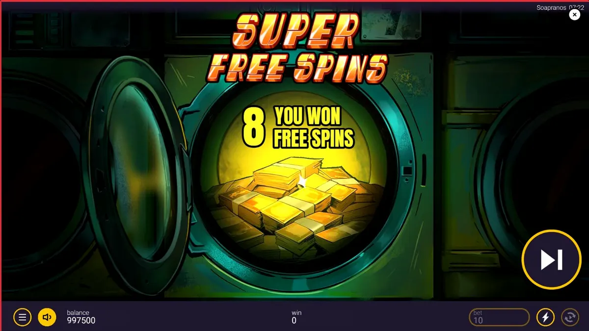 Tampilan visual slot The Soapranos dengan tema binatu mafia