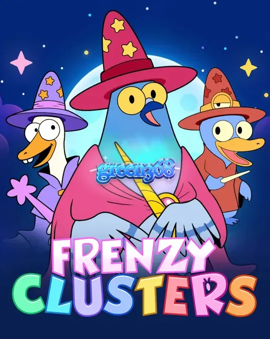 Tampilan visual slot Frenzy Clusters dengan elemen fantasi dan grid 7x7 yang misterius.